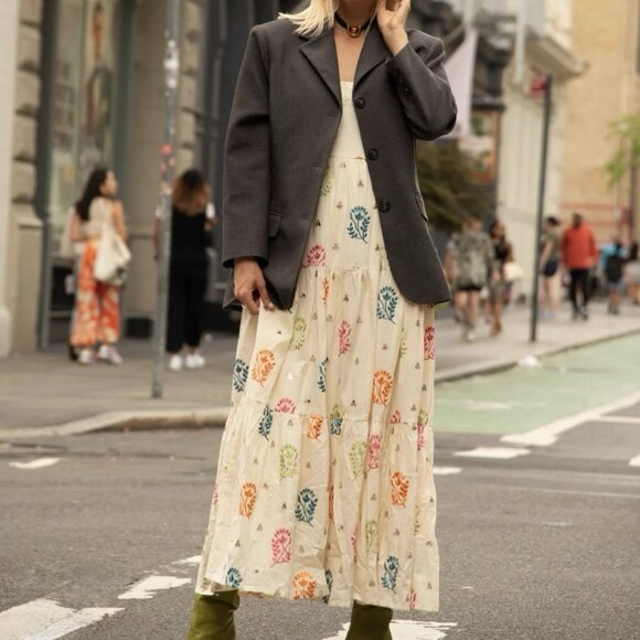 Holichic by Megha Rao Soraya Floral Embroidered Cotton Maxi Dress Ivory Sz S - Picture 9 of 9